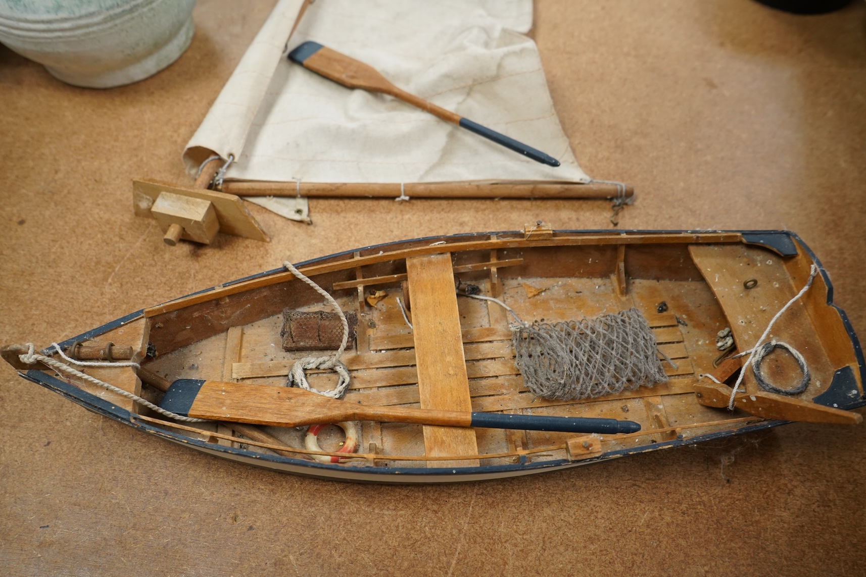 A Pietra Dura inkstand, telescope, cased glass flask and a wood boat model